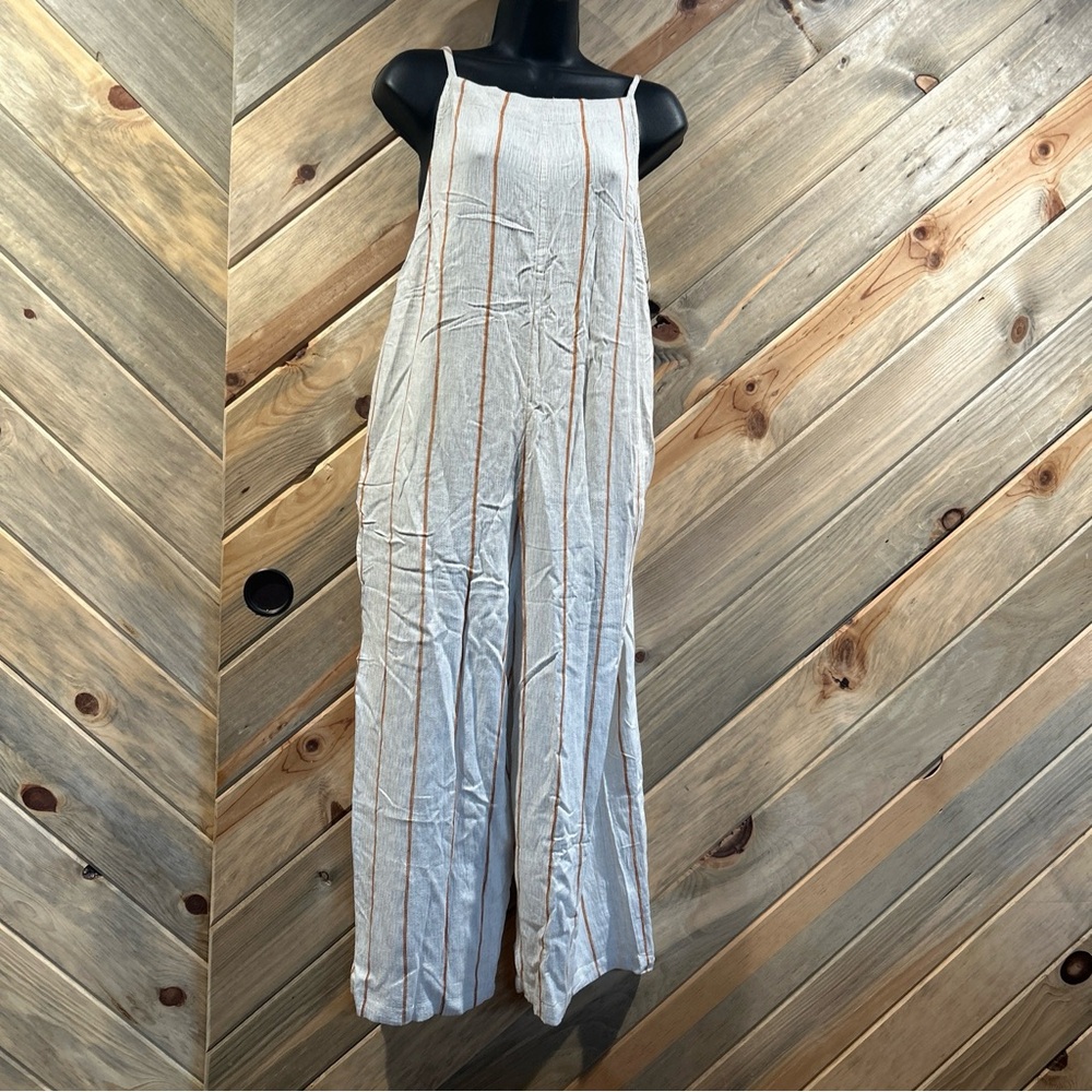 Cream and Orange Striped Rayon Linen Bohemian Bib Pocketed Wide Leg Pant Jumper